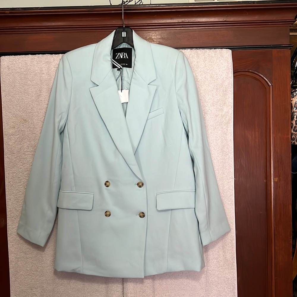 Zara NWT Bloggers Favorite Double Breasted Sky Blue Color Flowy Blazer Medium